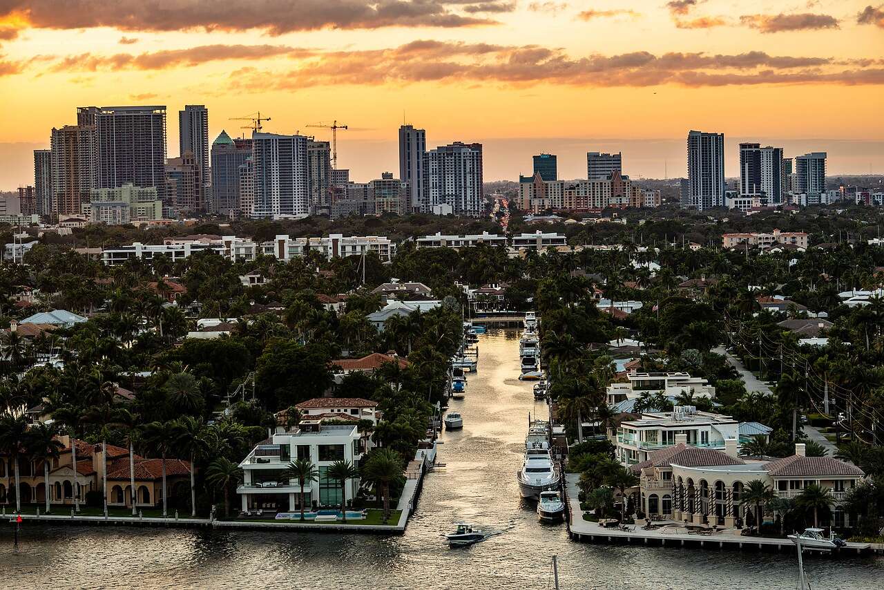 Aerial view of canal-front finger islands and docks in Fort Lauderdale