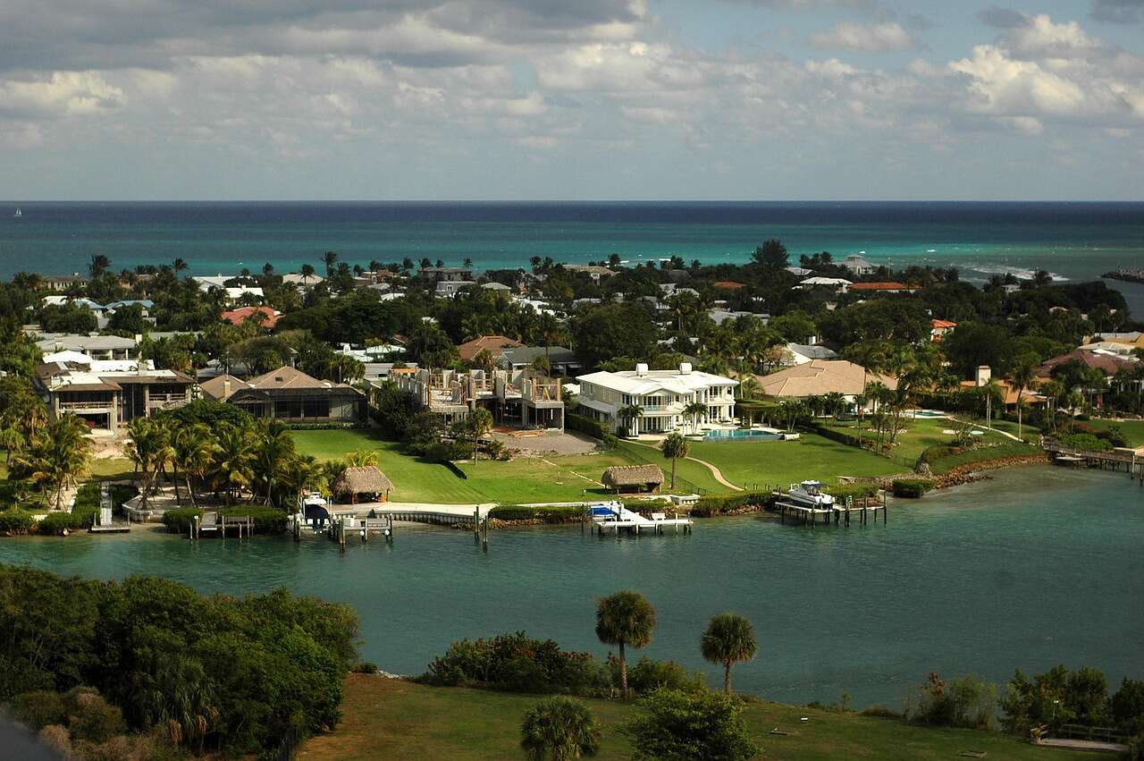 Aerial view of the Intracoastal Waterway with homes and condos along it